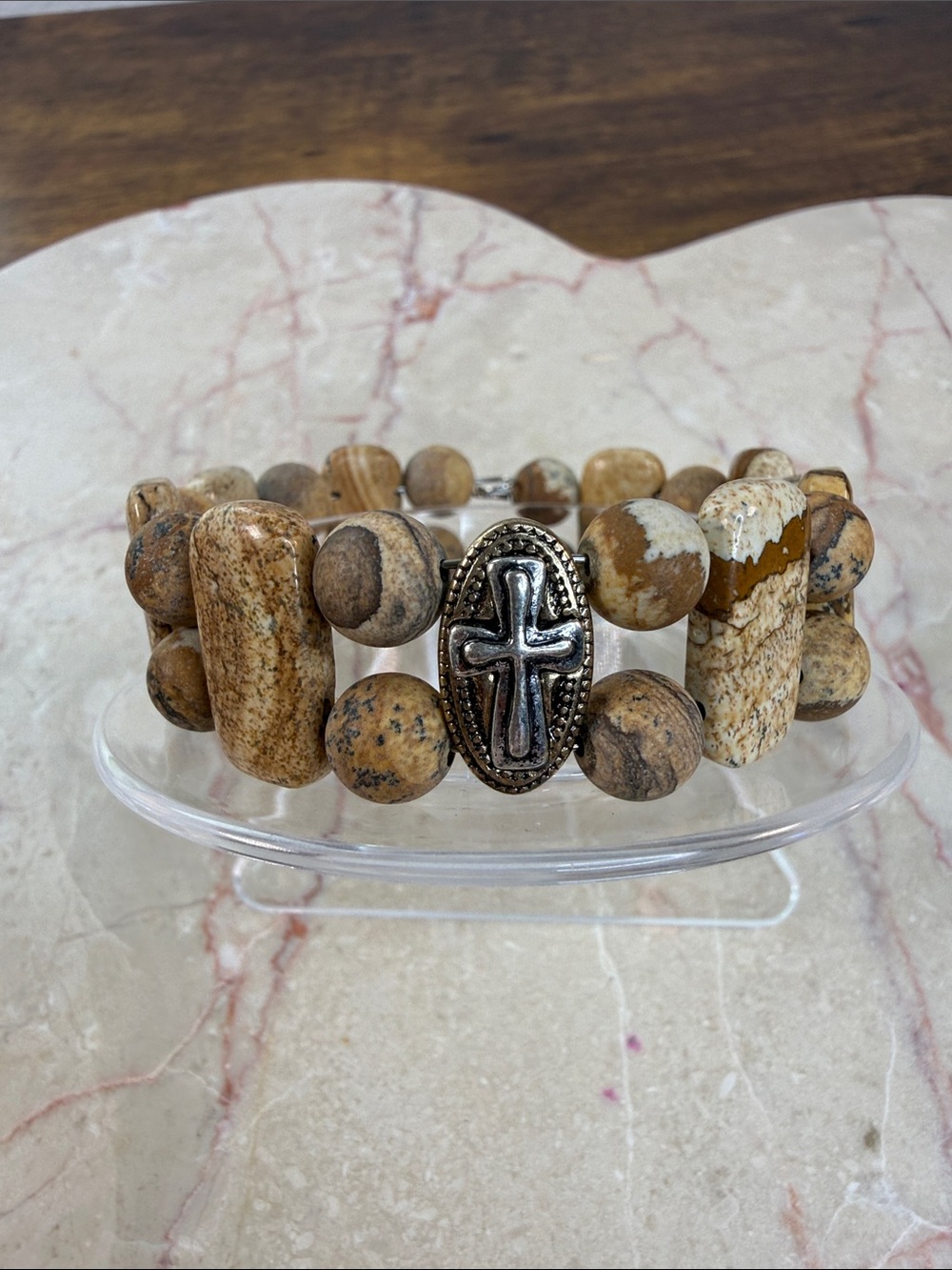 Brown Natural Stone Beaded Stretch Bracelet with Silver Cross Accent